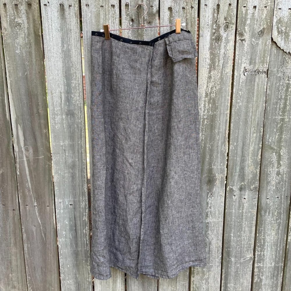 Flax Midi Wrap Skirt Snap Waist 100% Linen Lagenlook Brown Medium Large Sz M/L